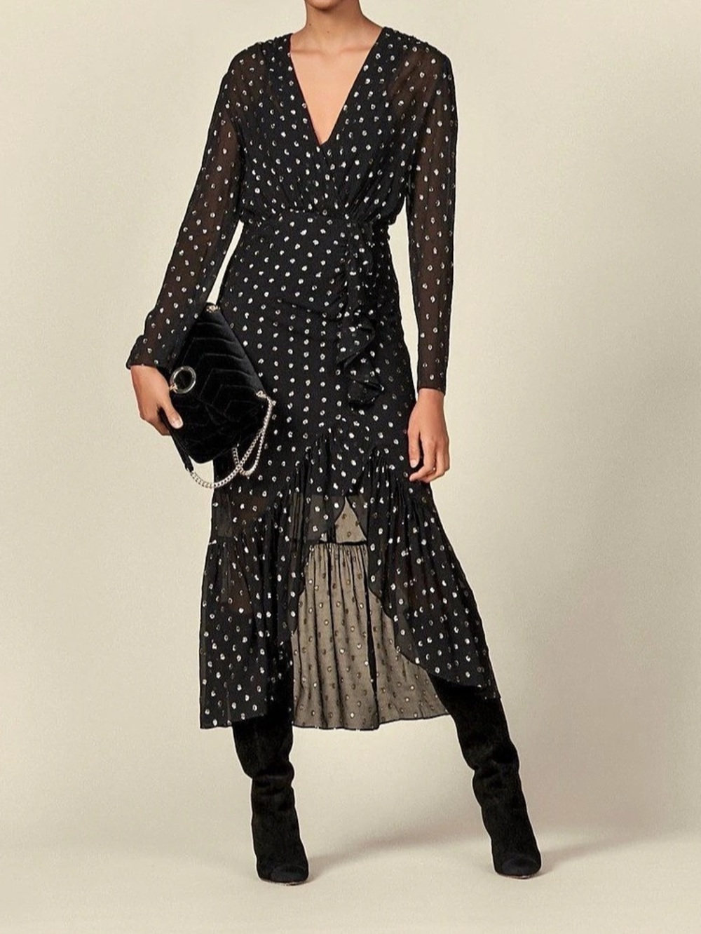 Sandro Women’s Black Loona Polka Dot Fil-Coupe Chiffon Cocktail Midi Dress Small